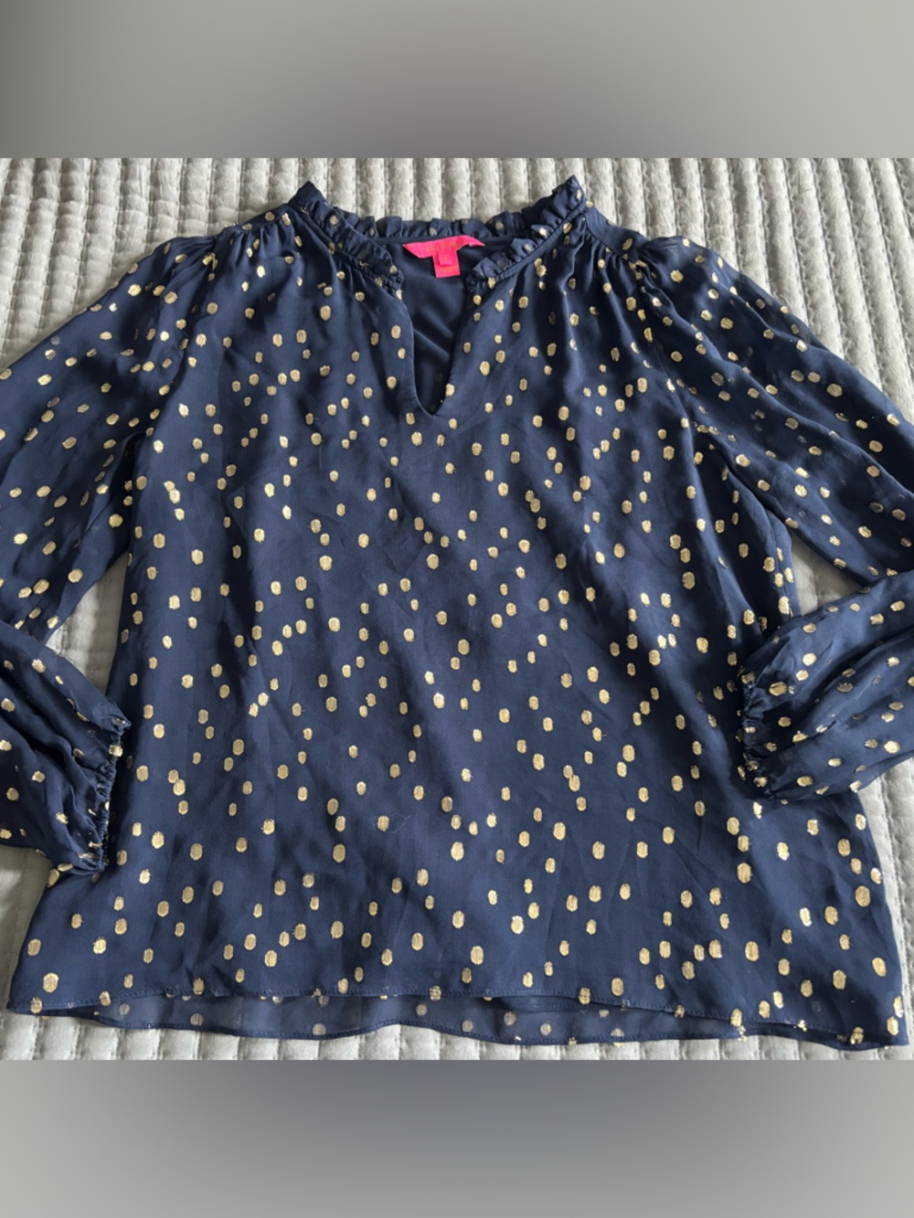 Lilly Pulitzer Colby Navy Bubble Gold Dot Silk Sheer Lined Top Blouse Lk New Med